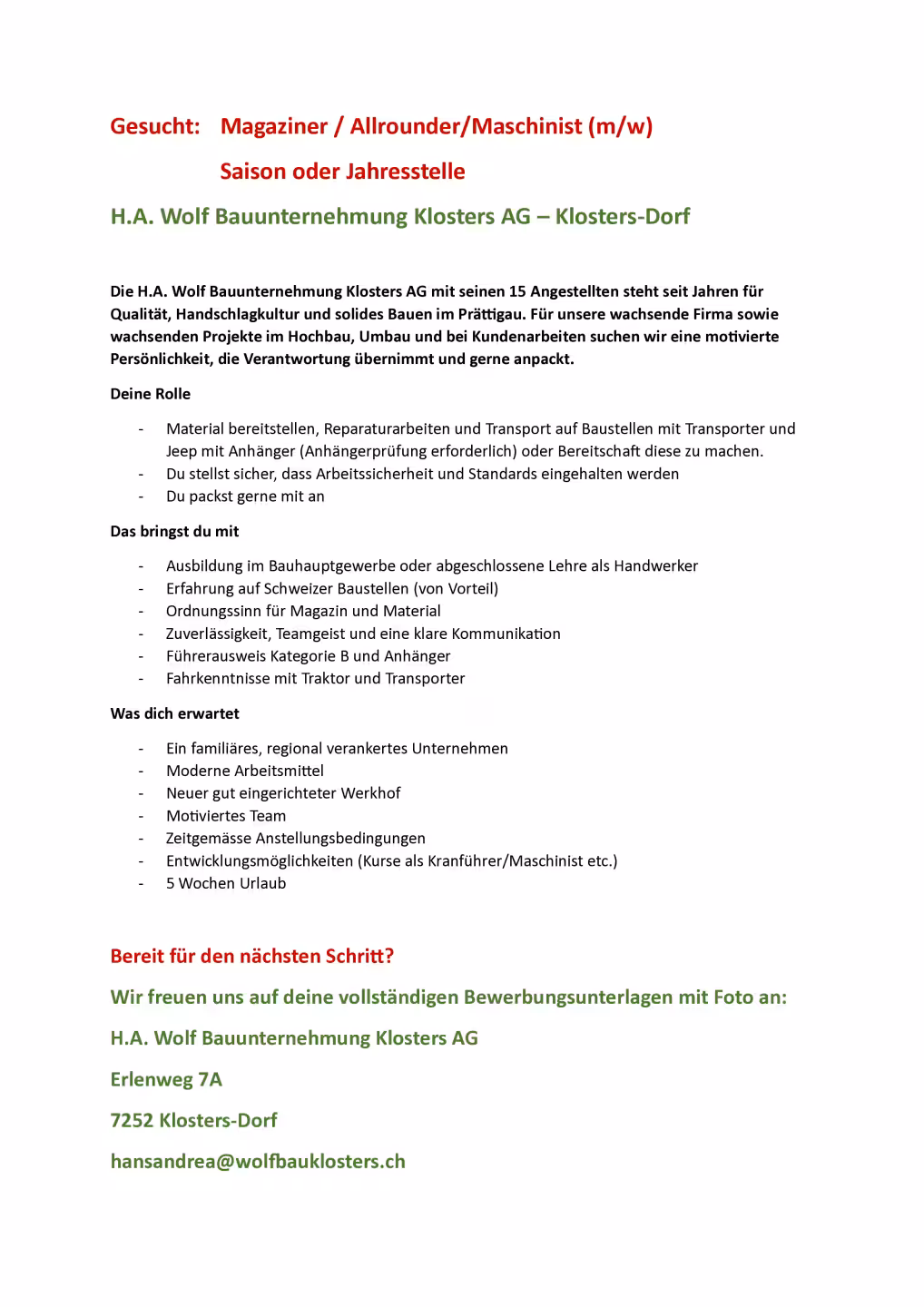 Gesucht: Magaziner / Allrounder/Maschinist (m/w) – Saison oder Jahresstelle